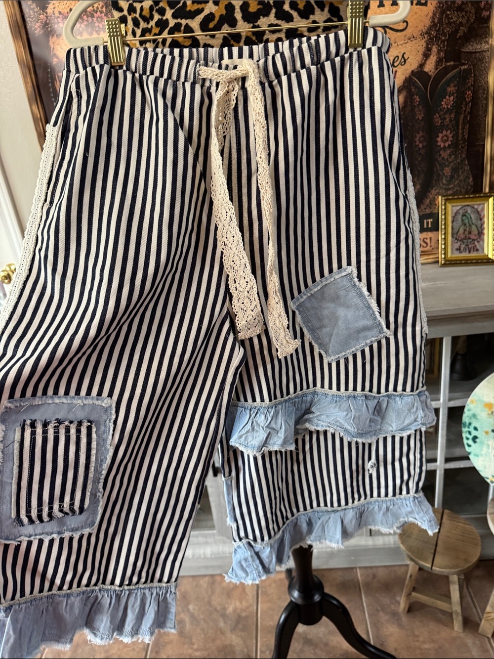 POL Striped Black & White Casual Cotton Capris with Lace Drawstring Sz Lg - Picture 4 of 10